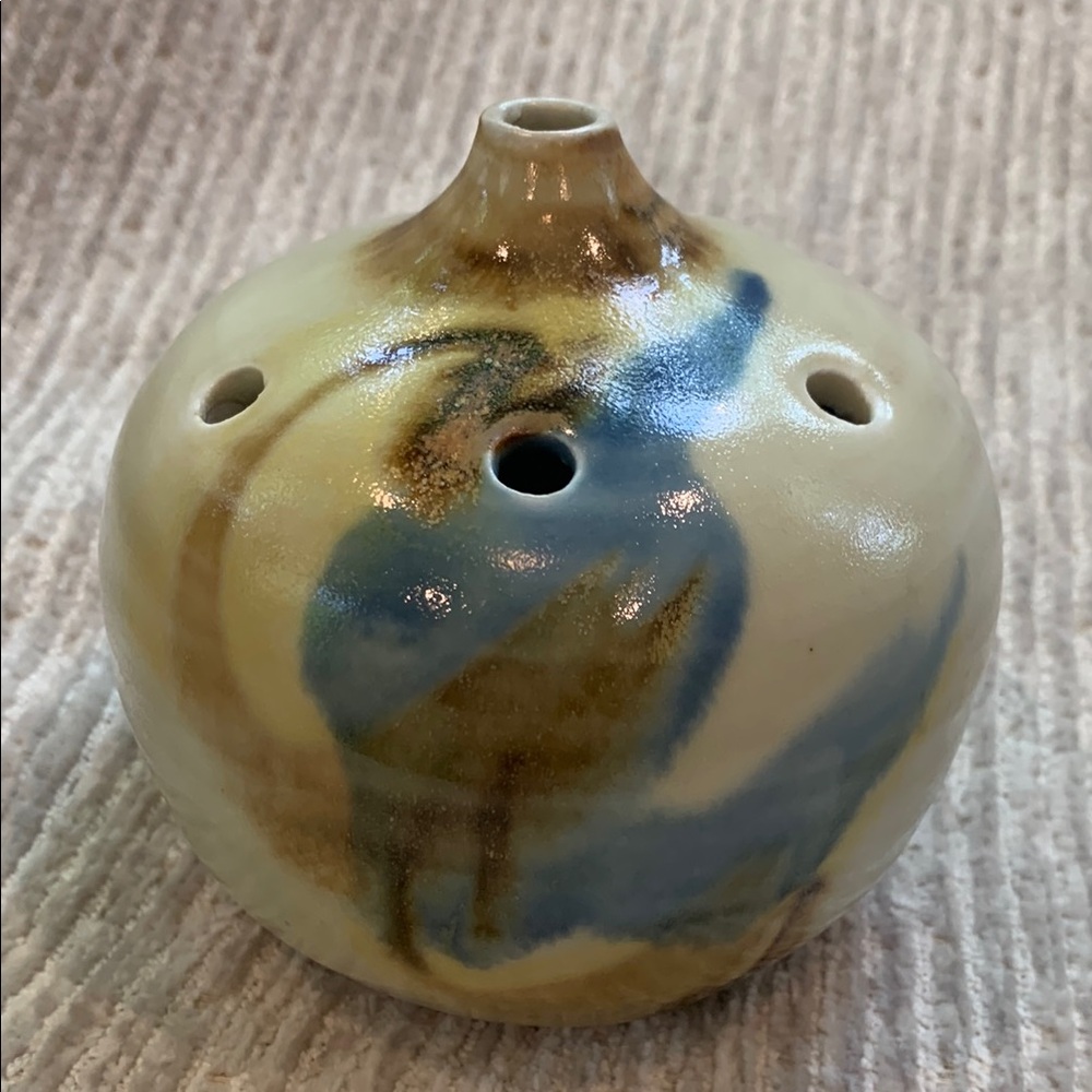 Vintage Signed Salt Glazed Studio Pottery Bud Vase Flower Frog Blue Brown Swirl